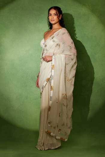 Soniya G_White Georgette, Organza Sweetheart Sitara Ivory Pre-draped Saree With Bustier _Online_at_Aza_Fashions