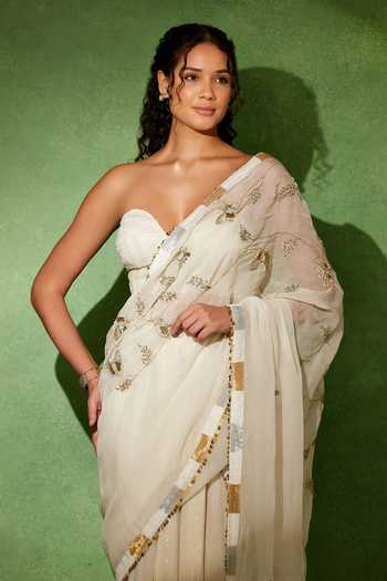 Buy_Soniya G_White Georgette, Organza Sweetheart Sitara Ivory Pre-draped Saree With Bustier _Online_at_Aza_Fashions