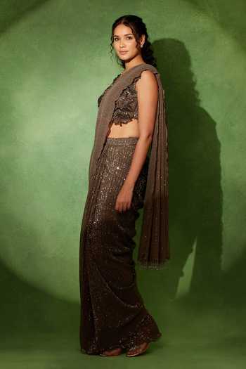 Soniya G Brown V-neck Zariya Dusk Pre-draped Saree With Blouse Online at Aza Fashions Soniya G_Brown V-neck Zariya Dusk Pre-draped Saree With Blouse _Online_at_Aza_Fashions
