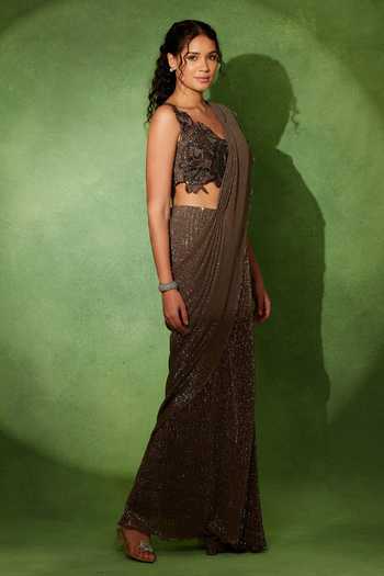 Shop Soniya G Brown V-neck Zariya Dusk Pre-draped Saree With Blouse Online at Aza Fashions Shop_Soniya G_Brown V-neck Zariya Dusk Pre-draped Saree With Blouse _Online_at_Aza_Fashions