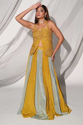 Kiyohra_Yellow Tissue Halter Neck Zoya Color Block Skirt And Blouse Set _Online_at_Aza_Fashions