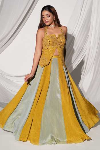 Buy_Kiyohra_Yellow Tissue Halter Neck Zoya Color Block Skirt And Blouse Set _Online_at_Aza_Fashions