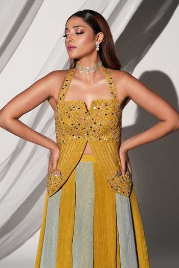 Shop_Kiyohra_Yellow Tissue Halter Neck Zoya Color Block Skirt And Blouse Set _Online_at_Aza_Fashions