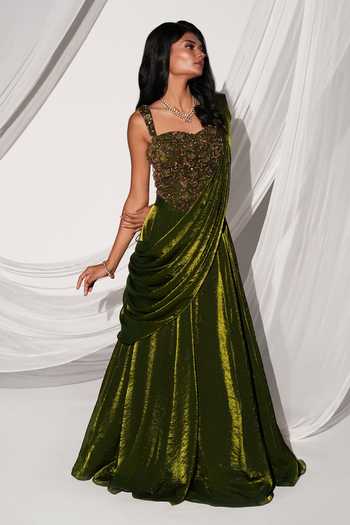 Buy_Kiyohra_Olive Green Organza, Tissue Sweetheart Miso Draped Lehenga Saree With Blouse _Online_at_Aza_Fashions