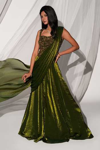 Shop_Kiyohra_Olive Green Organza, Tissue Sweetheart Miso Draped Lehenga Saree With Blouse _Online_at_Aza_Fashions