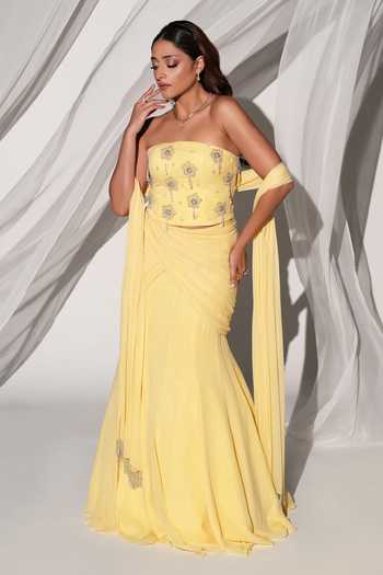 Buy Kiyohra Yellow Georgette Bandeau Neck Solaris Embroidered Blouse Draped Skirt Set Online at Aza Fashions Buy_Kiyohra_Yellow Georgette Bandeau Neck Solaris Embroidered Blouse Draped Skirt Set _Online_at_Aza_Fashions