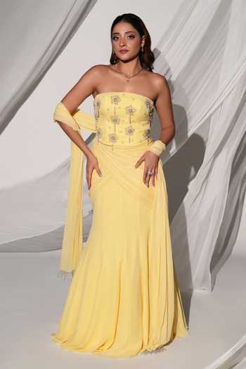 Shop Kiyohra Yellow Georgette Bandeau Neck Solaris Embroidered Blouse Draped Skirt Set Online at Aza Fashions Shop_Kiyohra_Yellow Georgette Bandeau Neck Solaris Embroidered Blouse Draped Skirt Set _Online_at_Aza_Fashions