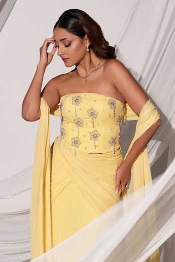 Kiyohra Yellow Georgette Bandeau Neck Solaris Embroidered Blouse Draped Skirt Set at Aza Fashions Kiyohra_Yellow Georgette Bandeau Neck Solaris Embroidered Blouse Draped Skirt Set _at_Aza_Fashions