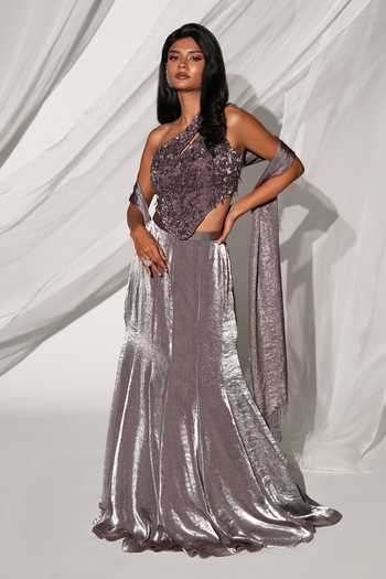 Buy_Kiyohra_Silver Organza, Tissue Asymmetric Neck, One Zuri Embellished Blouse Skirt Set _Online_at_Aza_Fashions