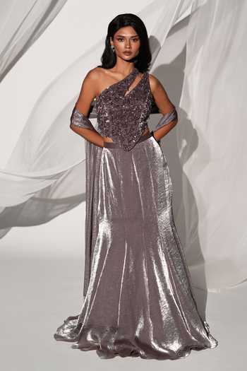 Shop_Kiyohra_Silver Organza, Tissue Asymmetric Neck, One Zuri Embellished Blouse Skirt Set _Online_at_Aza_Fashions