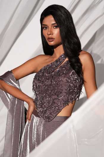 Kiyohra_Silver Organza, Tissue Asymmetric Neck, One Zuri Embellished Blouse Skirt Set _at_Aza_Fashions