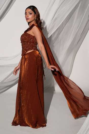 Kiyohra Brown Organza, Tissue Sweetheart Noor Skirt Saree With Embroidered Draped Blouse Online at Aza Fashions Kiyohra_Brown Organza, Tissue Sweetheart Noor Skirt Saree With Embroidered Draped Blouse _Online_at_Aza_Fashions