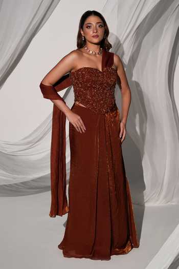 Buy Kiyohra Brown Organza, Tissue Sweetheart Noor Skirt Saree With Embroidered Draped Blouse Online at Aza Fashions Buy_Kiyohra_Brown Organza, Tissue Sweetheart Noor Skirt Saree With Embroidered Draped Blouse _Online_at_Aza_Fashions