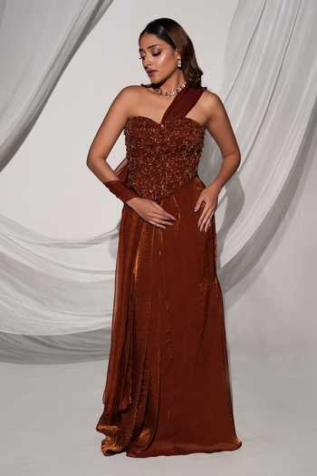 Shop Kiyohra Brown Organza, Tissue Sweetheart Noor Skirt Saree With Embroidered Draped Blouse Online at Aza Fashions Shop_Kiyohra_Brown Organza, Tissue Sweetheart Noor Skirt Saree With Embroidered Draped Blouse _Online_at_Aza_Fashions