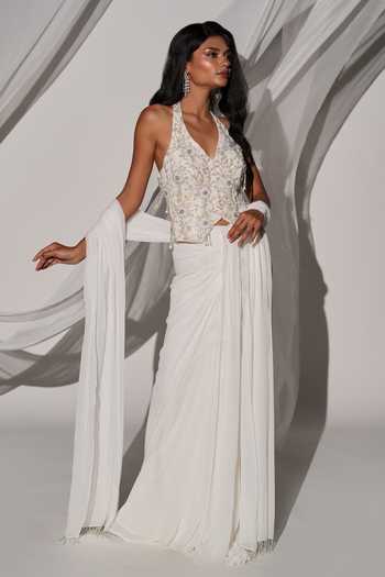 Shop Kiyohra Off White Georgette Halter Neck Talia Embroidered Blouse Draped Skirt Set Online at Aza Fashions Shop_Kiyohra_Off White Georgette Halter Neck Talia Embroidered Blouse Draped Skirt Set _Online_at_Aza_Fashions