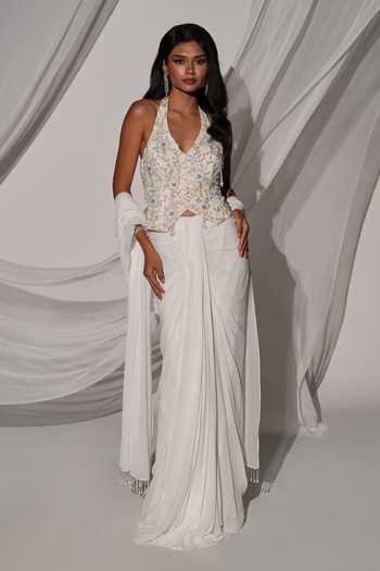 Kiyohra Off White Georgette Halter Neck Talia Embroidered Blouse Draped Skirt Set at Aza Fashions Kiyohra_Off White Georgette Halter Neck Talia Embroidered Blouse Draped Skirt Set _at_Aza_Fashions