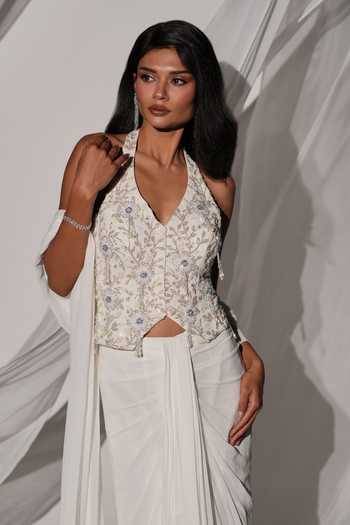 Buy Kiyohra Off White Georgette Halter Neck Talia Embroidered Blouse Draped Skirt Set Buy_Kiyohra_Off White Georgette Halter Neck Talia Embroidered Blouse Draped Skirt Set