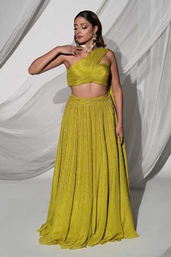 Buy Kiyohra Green Tissue One Shoulder Raaya Draped Blouse And Flared Skirt Set Online at Aza Fashions Buy_Kiyohra_Green Tissue One Shoulder Raaya Draped Blouse And Flared Skirt Set _Online_at_Aza_Fashions