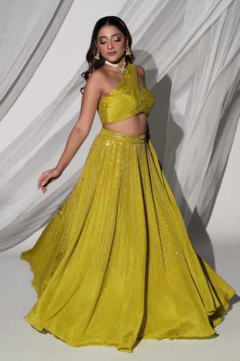 Shop Kiyohra Green Tissue One Shoulder Raaya Draped Blouse And Flared Skirt Set Online at Aza Fashions Shop_Kiyohra_Green Tissue One Shoulder Raaya Draped Blouse And Flared Skirt Set _Online_at_Aza_Fashions