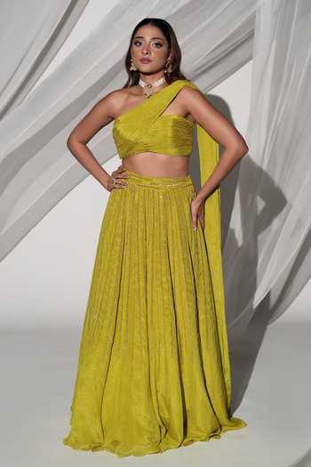 Kiyohra Green Tissue One Shoulder Raaya Draped Blouse And Flared Skirt Set at Aza Fashions Kiyohra_Green Tissue One Shoulder Raaya Draped Blouse And Flared Skirt Set _at_Aza_Fashions