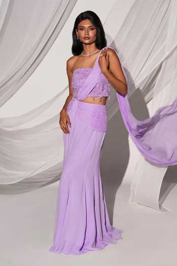 Kiyohra Purple Georgette One Shoulder Cassia Draped Saree Skirt Set Online at Aza Fashions Kiyohra_Purple Georgette One Shoulder Cassia Draped Saree Skirt Set _Online_at_Aza_Fashions