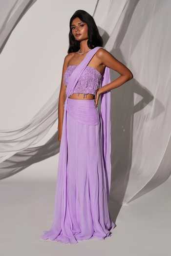 Buy Kiyohra Purple Georgette One Shoulder Cassia Draped Saree Skirt Set Online at Aza Fashions Buy_Kiyohra_Purple Georgette One Shoulder Cassia Draped Saree Skirt Set _Online_at_Aza_Fashions