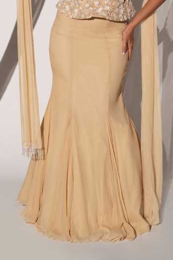 Buy_Kiyohra_Beige Georgette, Net Bandeau Neck Clea Embroidered Blouse And Fish-cut Skirt Set _Online_at_Aza_Fashions