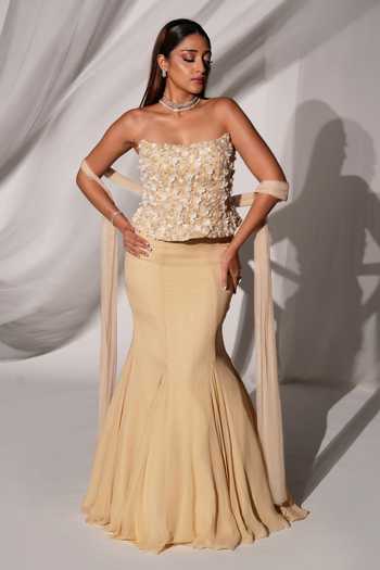 Shop_Kiyohra_Beige Georgette, Net Bandeau Neck Clea Embroidered Blouse And Fish-cut Skirt Set _Online_at_Aza_Fashions
