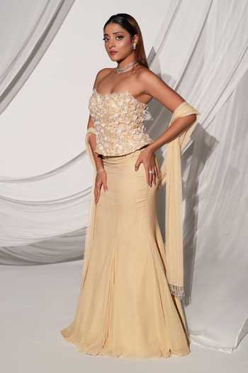 Kiyohra_Beige Georgette, Net Bandeau Neck Clea Embroidered Blouse And Fish-cut Skirt Set _at_Aza_Fashions