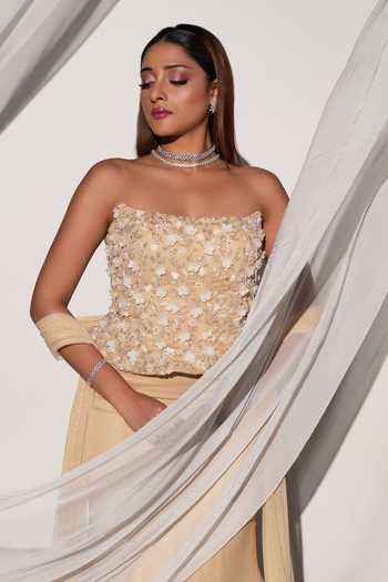 Shop_Kiyohra_Beige Georgette, Net Bandeau Neck Clea Embroidered Blouse And Fish-cut Skirt Set 