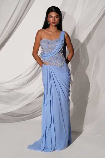 Kiyohra_Blue Georgette Sweetheart Neck, One Cora Draped Blouse And Saree Skirt Set _Online_at_Aza_Fashions