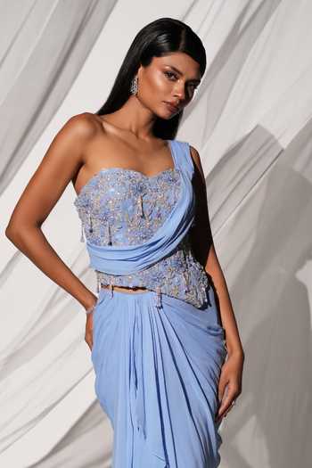 Buy_Kiyohra_Blue Georgette Sweetheart Neck, One Cora Draped Blouse And Saree Skirt Set _Online_at_Aza_Fashions