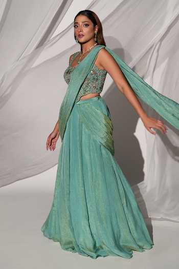 Buy Kiyohra Green Tissue Embroidery Square Neck Jade Draped Lehenga Saree With Blouse Online at Aza Fashions Buy_Kiyohra_Green Tissue Embroidery Square Neck Jade Draped Lehenga Saree With Blouse _Online_at_Aza_Fashions