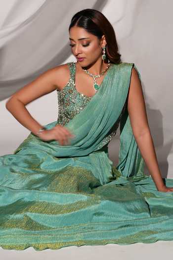 Shop Kiyohra Green Tissue Embroidery Square Neck Jade Draped Lehenga Saree With Blouse Online at Aza Fashions Shop_Kiyohra_Green Tissue Embroidery Square Neck Jade Draped Lehenga Saree With Blouse _Online_at_Aza_Fashions