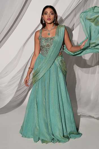 Kiyohra Green Tissue Embroidery Square Neck Jade Draped Lehenga Saree With Blouse at Aza Fashions Kiyohra_Green Tissue Embroidery Square Neck Jade Draped Lehenga Saree With Blouse _at_Aza_Fashions