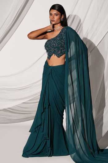 Buy Kiyohra Blue Georgette Asymmetric Neck Margo Draped Blouse And Skirt Set Online at Aza Fashions Buy_Kiyohra_Blue Georgette Asymmetric Neck Margo Draped Blouse And Skirt Set _Online_at_Aza_Fashions