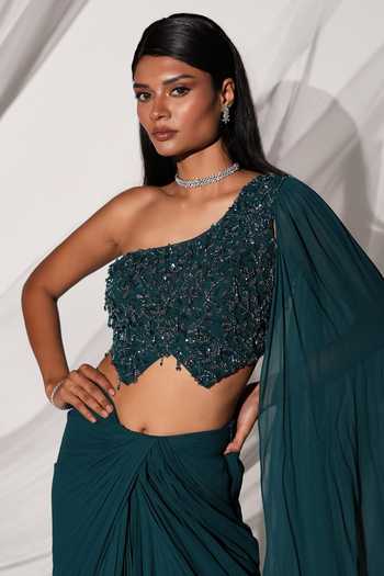 Shop Kiyohra Blue Georgette Asymmetric Neck Margo Draped Blouse And Skirt Set Online at Aza Fashions Shop_Kiyohra_Blue Georgette Asymmetric Neck Margo Draped Blouse And Skirt Set _Online_at_Aza_Fashions