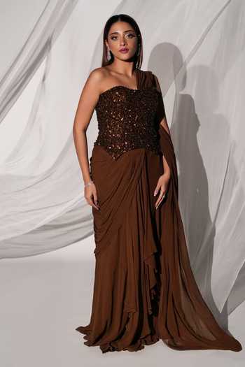 Buy Kiyohra Brown Georgette One Shoulder Ada Draped Embroidered Blouse With Skirt Saree Online at Aza Fashions Buy_Kiyohra_Brown Georgette One Shoulder Ada Draped Embroidered Blouse With Skirt Saree _Online_at_Aza_Fashions