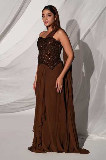Kiyohra Brown Georgette One Shoulder Ada Draped Embroidered Blouse With Skirt Saree at Aza Fashions Kiyohra_Brown Georgette One Shoulder Ada Draped Embroidered Blouse With Skirt Saree _at_Aza_Fashions