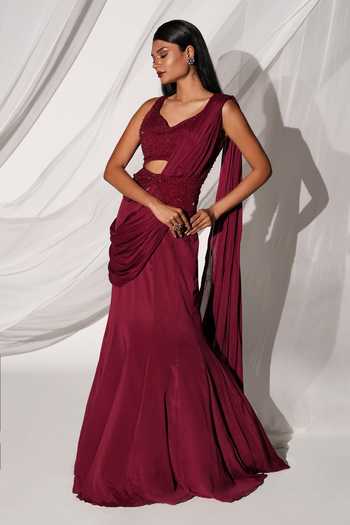 Kiyohra Maroon Chiffon V-neck Amira Pre-draped Saree With Embroidered Blouse Online at Aza Fashions Kiyohra_Maroon Chiffon V-neck Amira Pre-draped Saree With Embroidered Blouse _Online_at_Aza_Fashions