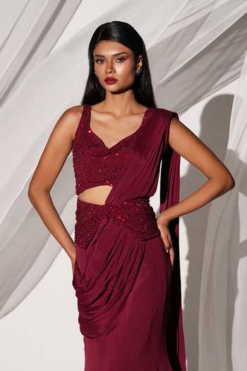 Buy Kiyohra Maroon Chiffon V-neck Amira Pre-draped Saree With Embroidered Blouse Online at Aza Fashions Buy_Kiyohra_Maroon Chiffon V-neck Amira Pre-draped Saree With Embroidered Blouse _Online_at_Aza_Fashions