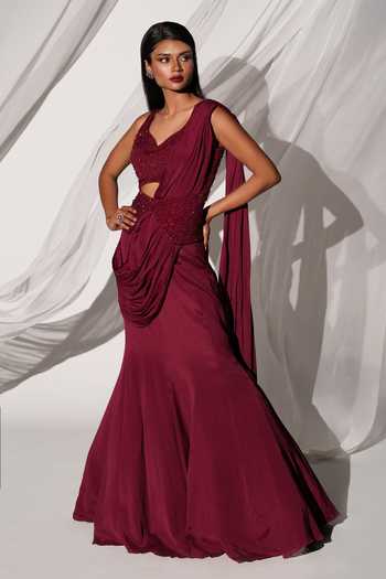 Shop Kiyohra Maroon Chiffon V-neck Amira Pre-draped Saree With Embroidered Blouse Online at Aza Fashions Shop_Kiyohra_Maroon Chiffon V-neck Amira Pre-draped Saree With Embroidered Blouse _Online_at_Aza_Fashions