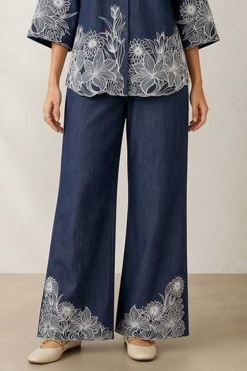 Shop Origani Blue Denim Collared Neck Elan Embroidered Shirt And Pant Co-ord Set Online at Aza Fashions Shop_Origani_Blue Denim Collared Neck Elan Embroidered Shirt And Pant Co-ord Set _Online_at_Aza_Fashions