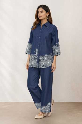 Origani_Blue Denim Button-down Neck Elan Thread Embroidered Shirt _Online_at_Aza_Fashions