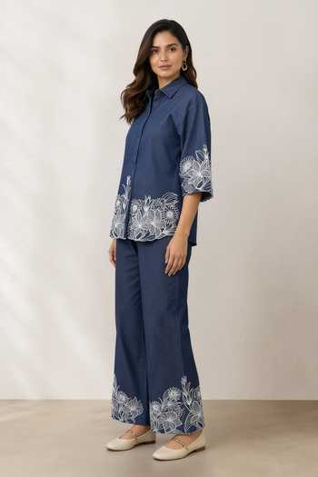 Buy_Origani_Blue Denim Button-down Neck Elan Thread Embroidered Shirt _Online_at_Aza_Fashions