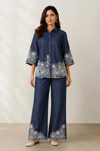 Shop_Origani_Blue Denim Button-down Neck Elan Thread Embroidered Shirt _Online_at_Aza_Fashions