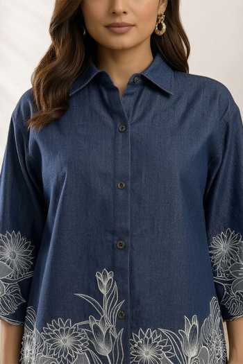 Origani_Blue Denim Button-down Neck Elan Thread Embroidered Shirt _at_Aza_Fashions