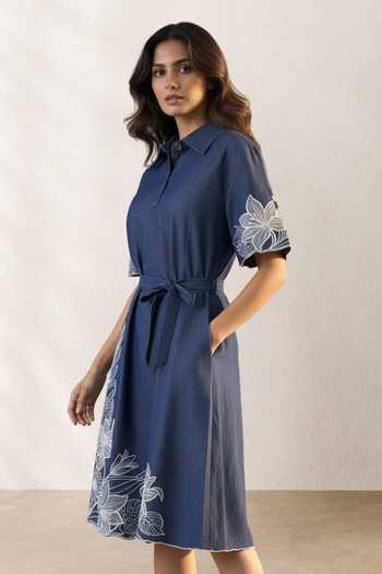 Origani Blue Denim Collared Neck Noa Embroidered Dress With Belt Online at Aza Fashions Origani_Blue Denim Collared Neck Noa Embroidered Dress With Belt _Online_at_Aza_Fashions