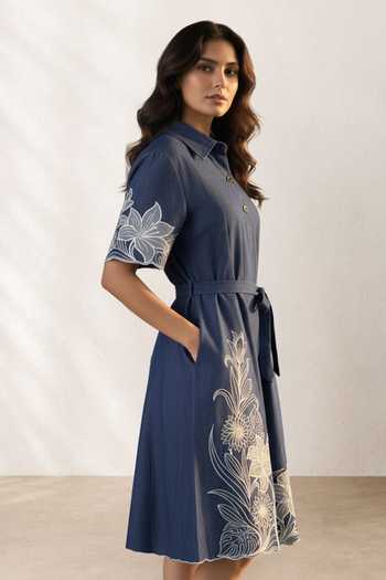 Buy Origani Blue Denim Collared Neck Noa Embroidered Dress With Belt Online at Aza Fashions Buy_Origani_Blue Denim Collared Neck Noa Embroidered Dress With Belt _Online_at_Aza_Fashions