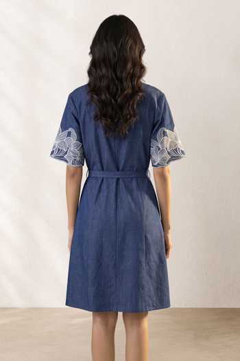 Origani Noa Denim Embroidered Dress With Belt 